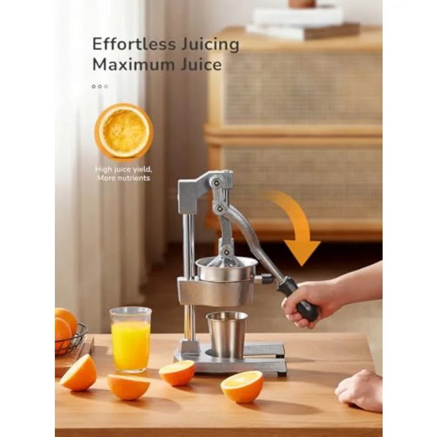 Professional cast iron manual juicer for citrus fruits, black with silver stainless steel strainer, heavy duty and easy-to-clea