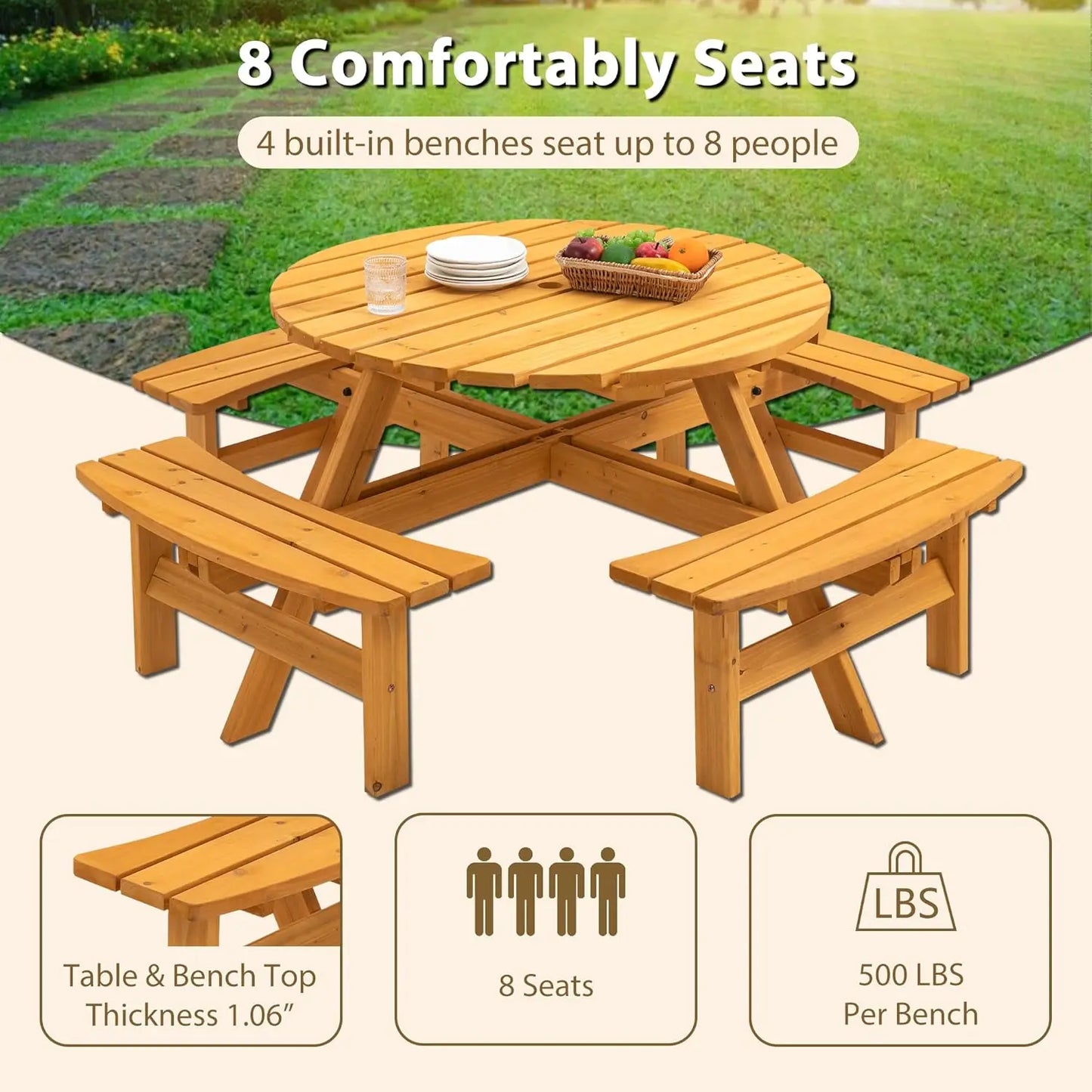 8-Person Wooden Picnic Table, Outdoor Round Table with Built-in Benches and Umbrella Hole, Picnic Table Bench Set, Customized