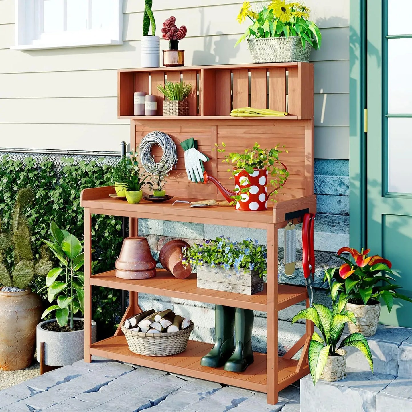 64.9"H Outdoor Potting Bench Table, Outdoor Wood Workstation Table with Lockable Wheels, Stainless Steel Top, Towel, Customized