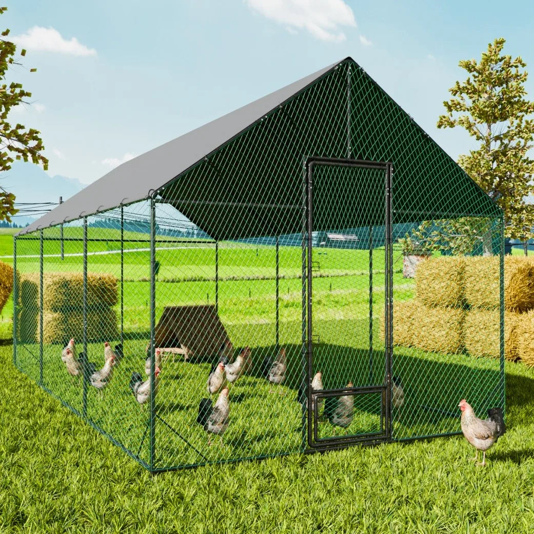 Large Walk-in Chicken Coop Walk-in Poultry Chicken Run Nylon Netting Metal Tubes Poultry Enclosure with Waterproof Anti-UV Cover and Security Door, Ideal for Rabbit, Duck, Backyard and Farm Yard