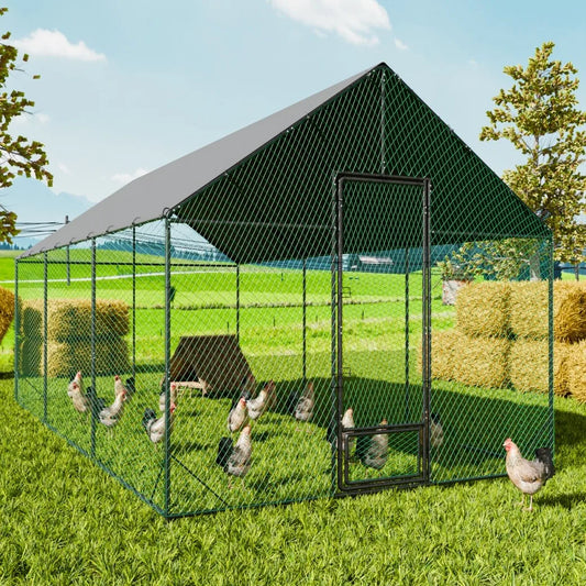 Large Walk-in Chicken Coop Walk-in Poultry Chicken Run Nylon Netting Metal Tubes Poultry Enclosure with Waterproof Anti-UV Cover and Security Door, Ideal for Rabbit, Duck, Backyard and Farm Yard