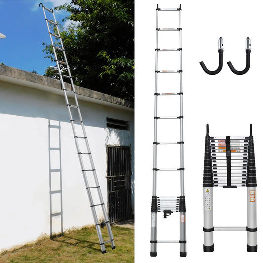 6.2M/20.3FT Multi-Purpose Aluminium Telescopic Ladder W/Detachable Hooks&Extendable Steps,load capacity 150kg,No-slip
