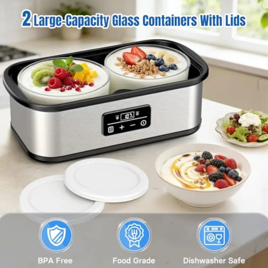 Yogurt Maker with Two Containers for Homemade Probiotic Yogurt Adjustable Temperature Time Control Automatic Shut-Off Constant