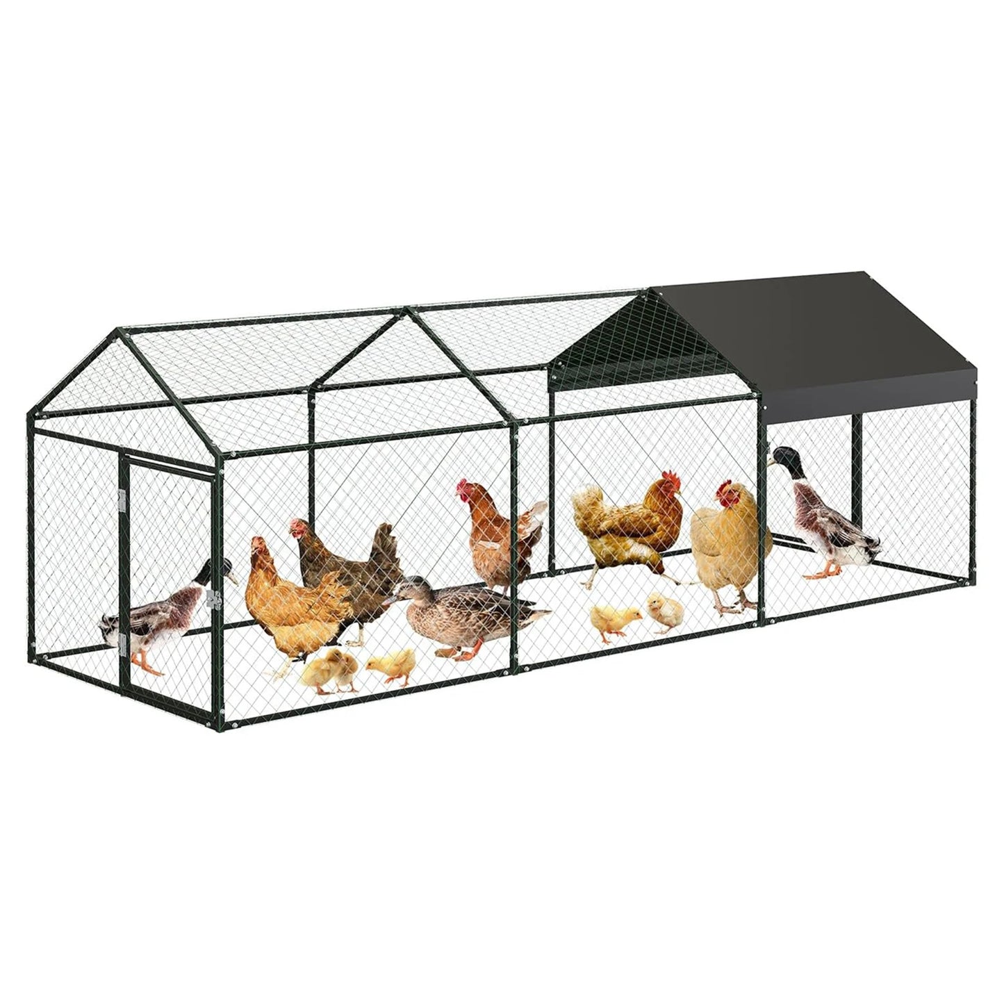 Poultry Cages for Small Animals, 300x100x100 cm Large Metal Cage w/ 2 Doors and Waterproof Cover for Chicken Coops Rabbits Ducks