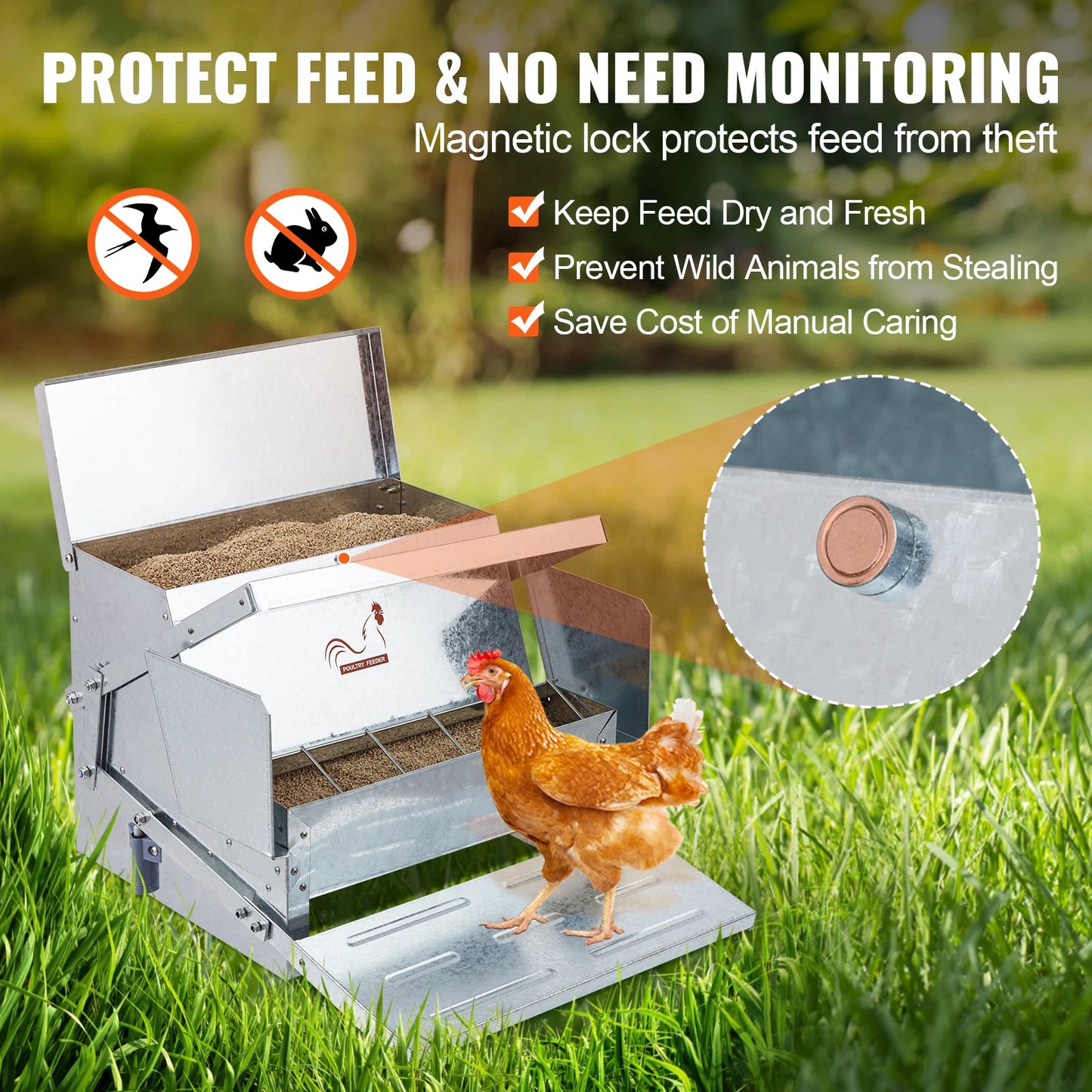 Automatic Chicken Feeder 25 lbs Capacity Feeds 10 Chickens up to 11 Days Galvanized Steel Poultry Feeder