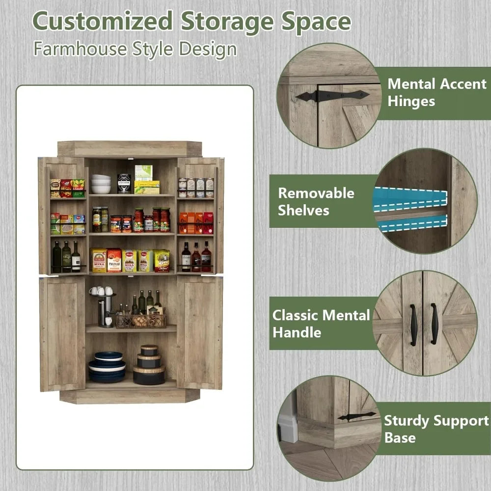 Corner Cabinet, Kitchen Pantry Storage Cabinet, Freestanding Buffet Hutch with 4 Doors and Shelves, Tall Food Pantry Farmhouse