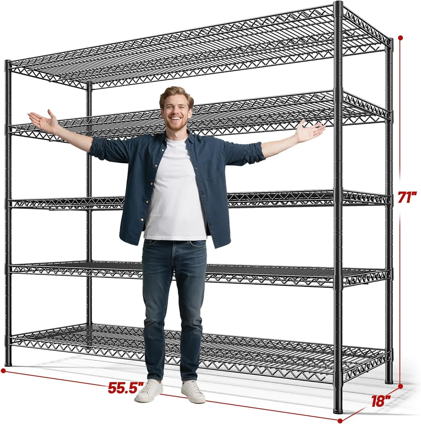 3200LBS Heavy Duty Storage Shelves 5-Tier Adjustable Wire Shelving Unit 55.5"W x 18"D x 71"H for Garage Pantry Commercial