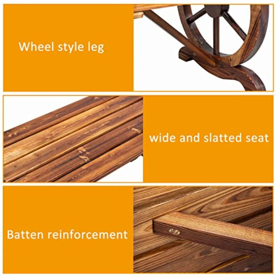 Outdoor Rustic Wooden Bench with Wagon Wheel Legs for 2 People Garden Bench for Front Porch Furniture Patio Lawn Yard Park Indo
