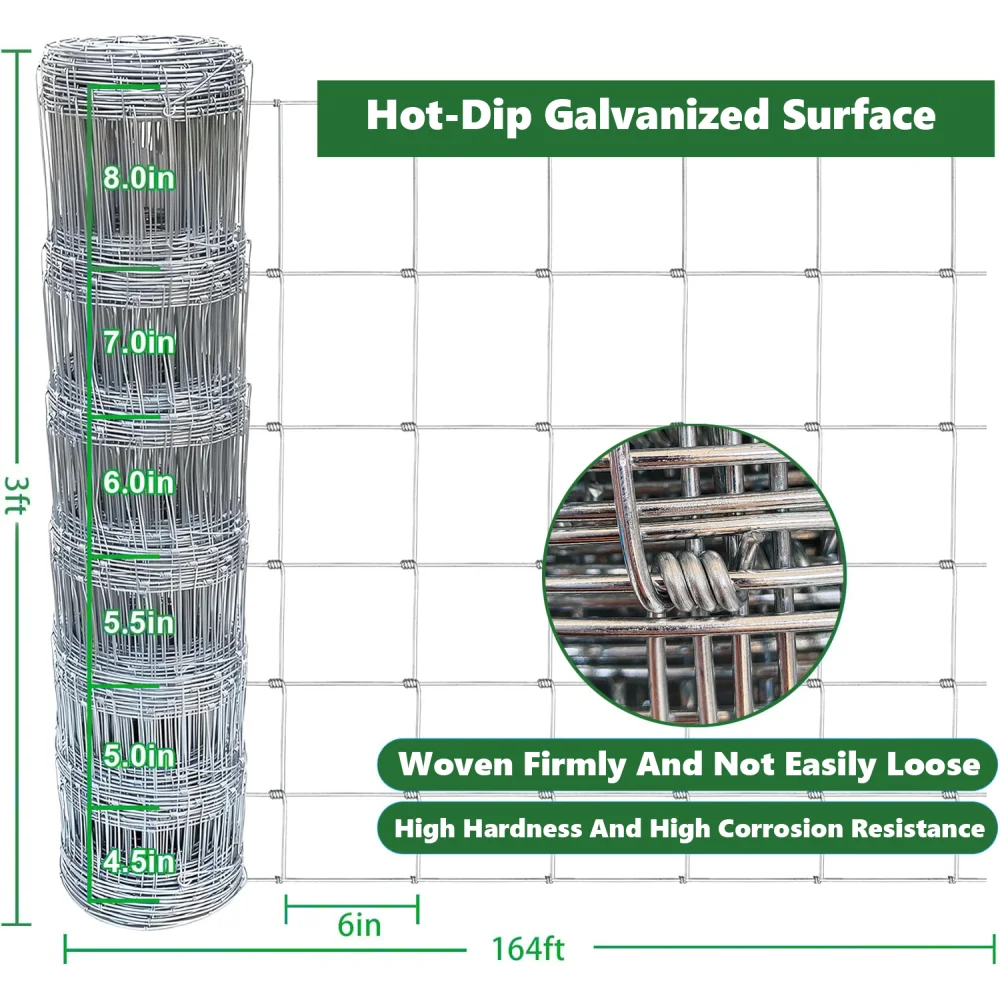 Heavy Duty Galvanized Farm Wire Fence, 3ft x 164ft 14Gauge Cattle Fence, Anti-Rust Zinc Coating Livestock Barrier, Deer Goat Hog Wire Fencing for Yard Animal Safety