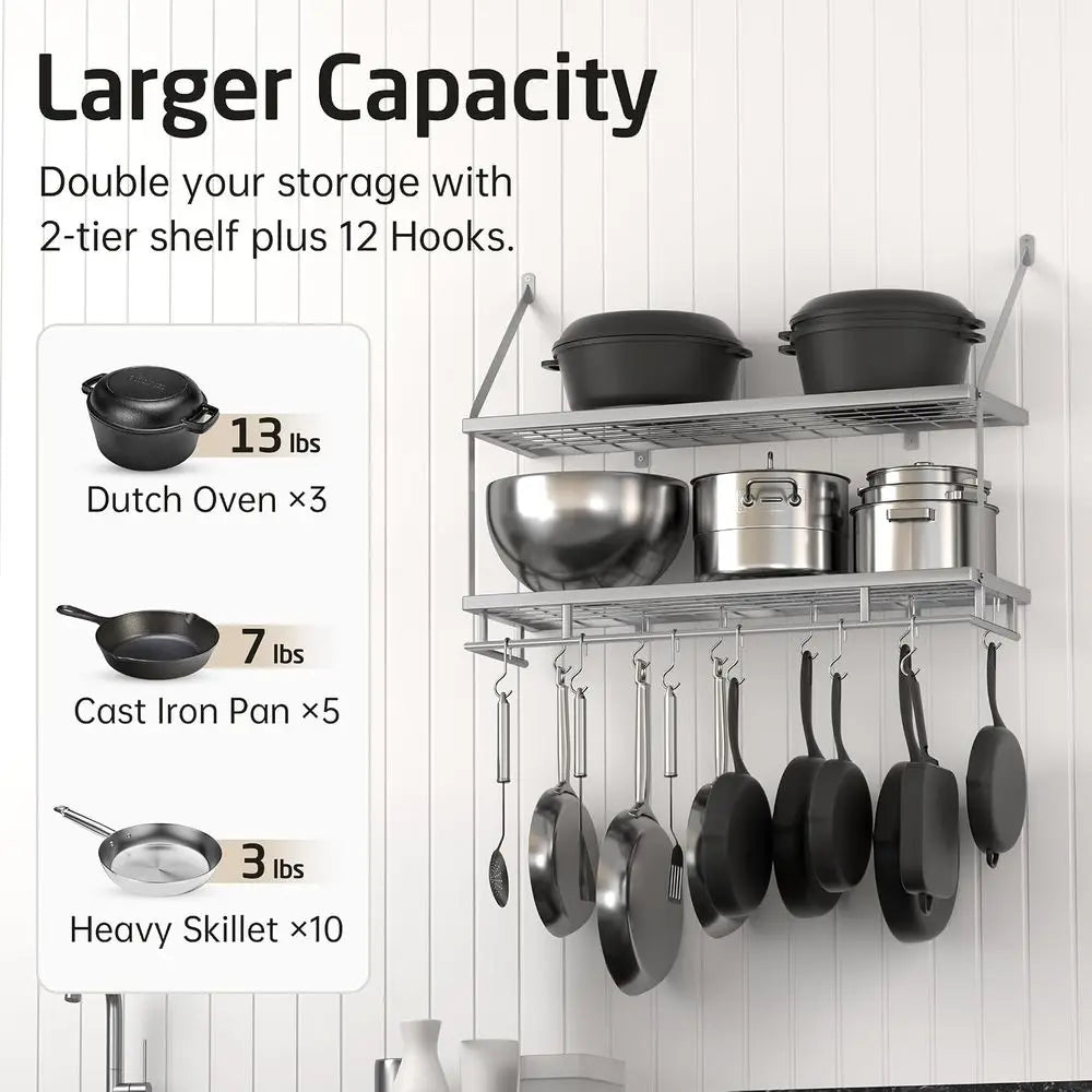 30-Inch Silver Gray Pot Rack Wall Mounted, 100 Lbs Capacity | 2-Tier, Hanging Pot and Pan Organizer with 12 Sturdy Hooks, Kitche