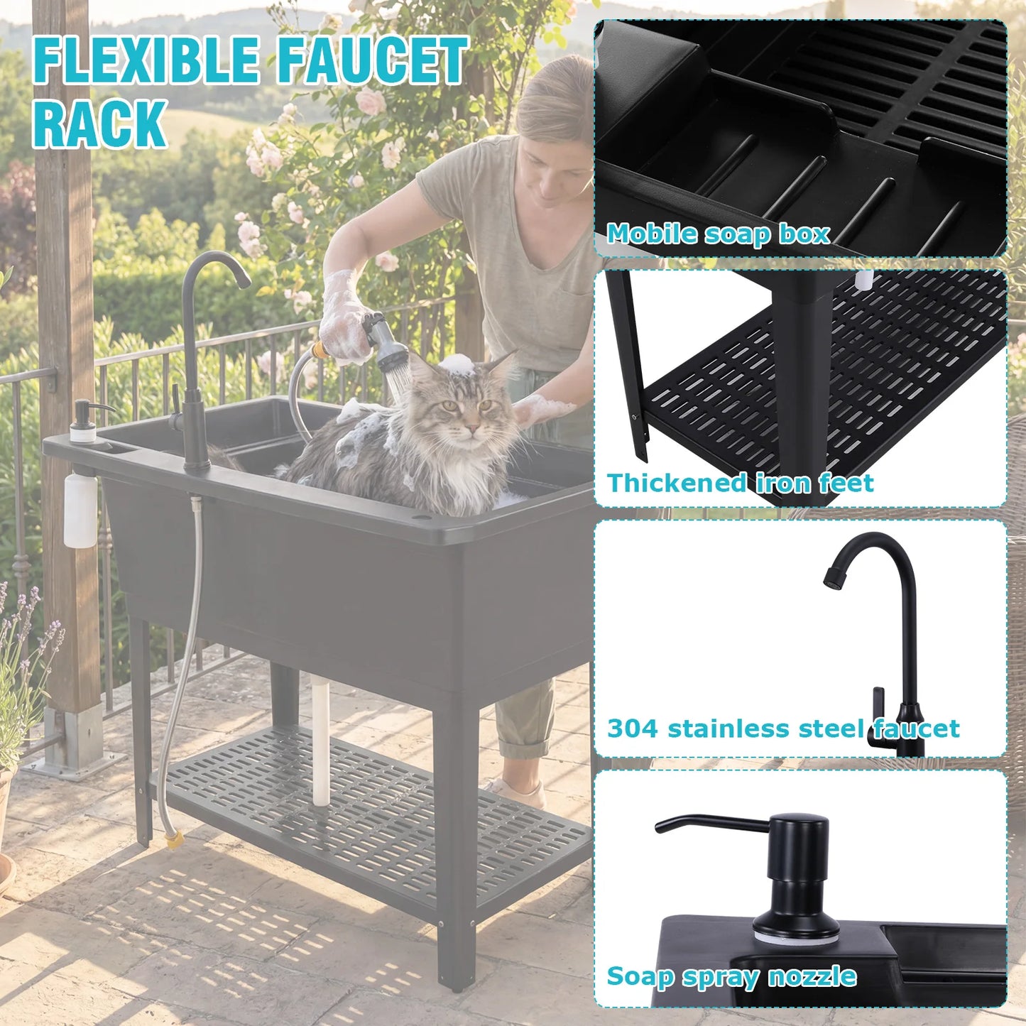 Freestanding Sink with Stainless Steel Faucet Soap Dispenser Outdoor Hand Washing Station for Washing Room Backyard Garden