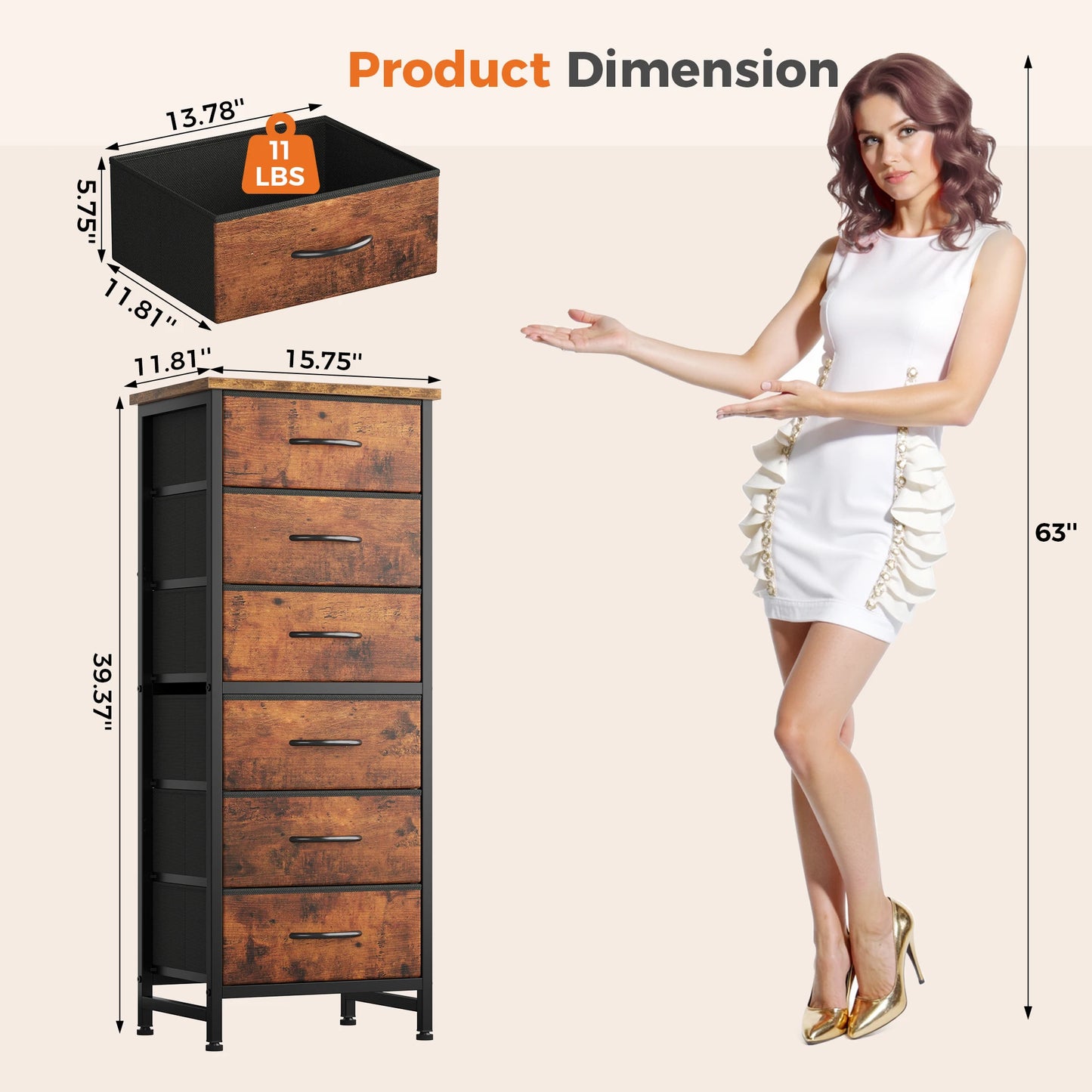 Tall 6 Fabric Drawer Dresser  for Bedroom Wood Top and Metal Frame Skinny Chest of Drawers Narrow Storage Tower with Organization Furniture