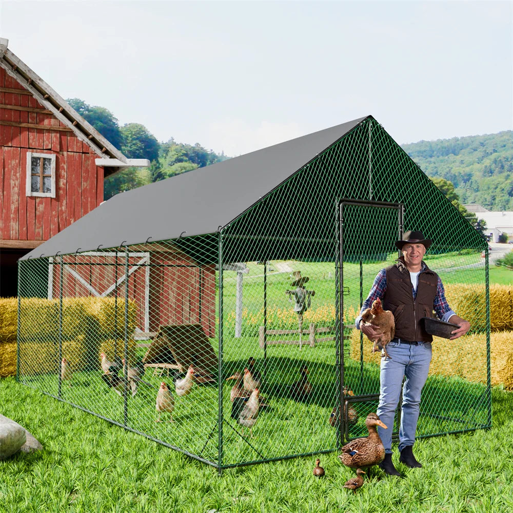 Large Walk-in Chicken Coop Walk-in Poultry Chicken Run Nylon Netting Metal Tubes Poultry Enclosure with Waterproof Anti-UV Cover and Security Door, Ideal for Rabbit, Duck, Backyard and Farm Yard