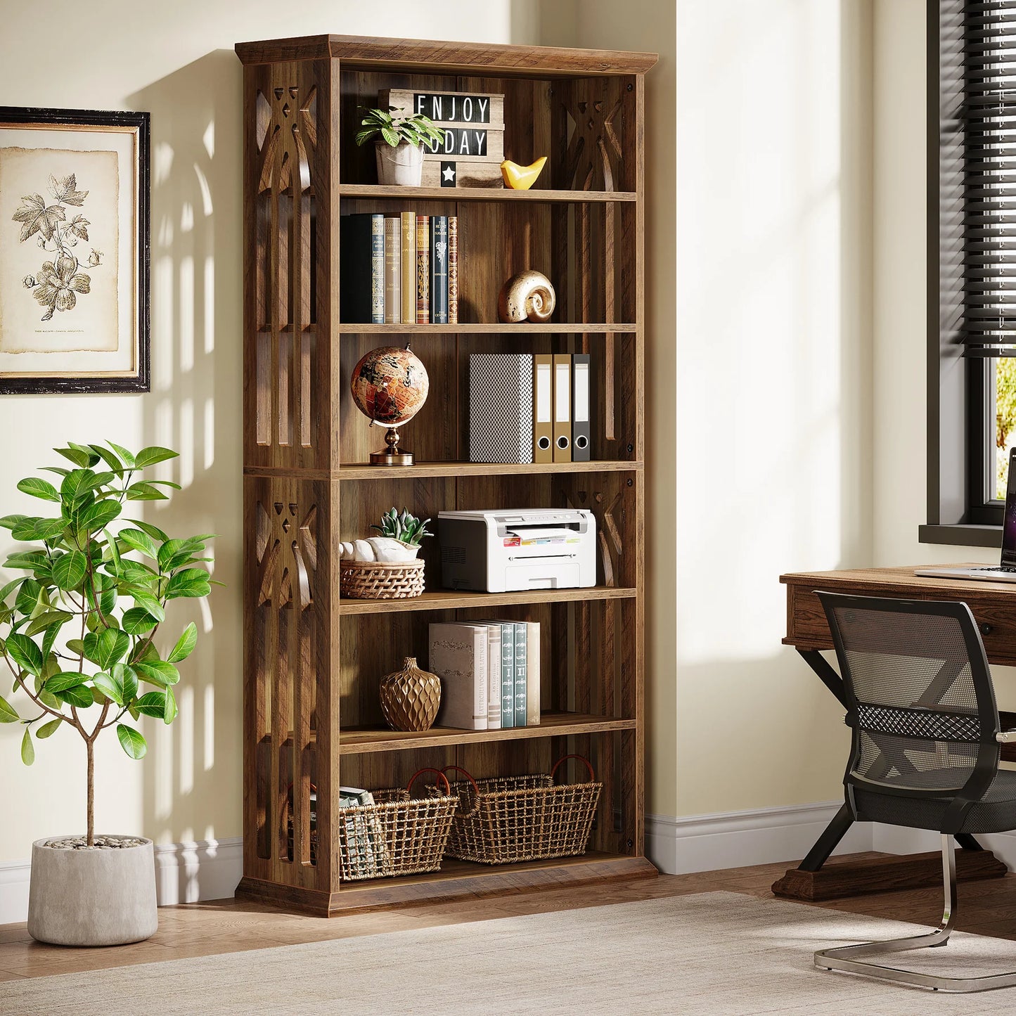 6-Tier Bookshelf, 75-Inch Tall Bookcase, Large Bookshelves and Bookcases Freestanding Display Shelves, Wood Bookshelf