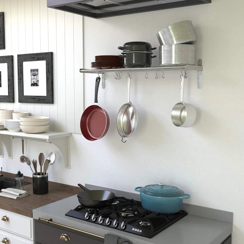 Kitchen Organization and Storage Rack, StainlSteel Metal Wall Shelf with 10 S Hooks for Hanging Pots and Pans, Chrome