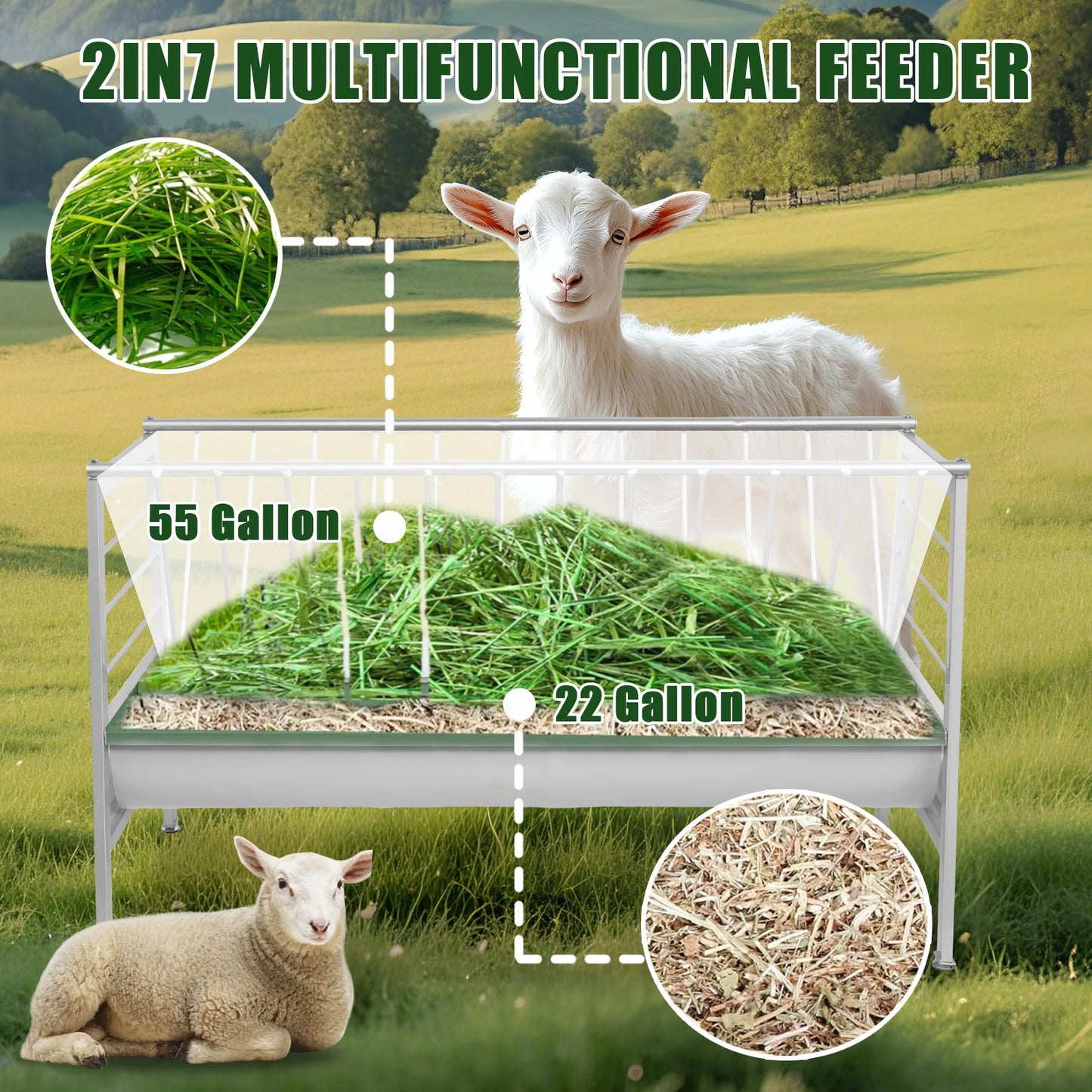 Large Capacity Goat Hay Feeder, Heavy Duty Metal Livestock Feed Trough with Deeper Pan for Sheep Sheds Farm Indoor Outdoor