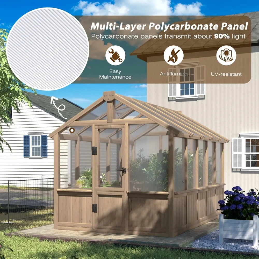 6' x10' Wood Greenhouse for Outdoors with Lockable Door, Cedar Frame & Adjustable Vent, Wooden Green House with 6MM Thick Polyc