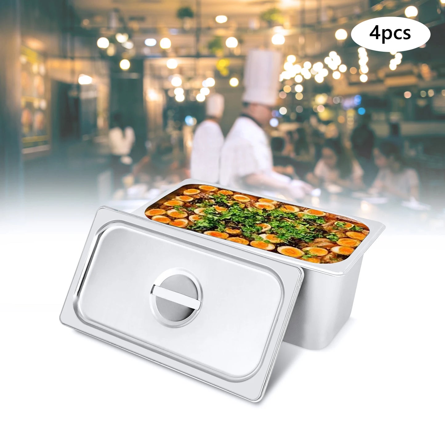 Steam Table Pan, 4-Pack 1/3 Size 6 Inch Steam Table Pans with Lids, 32.5x17.5x15cm Stainless Steel Food Pan