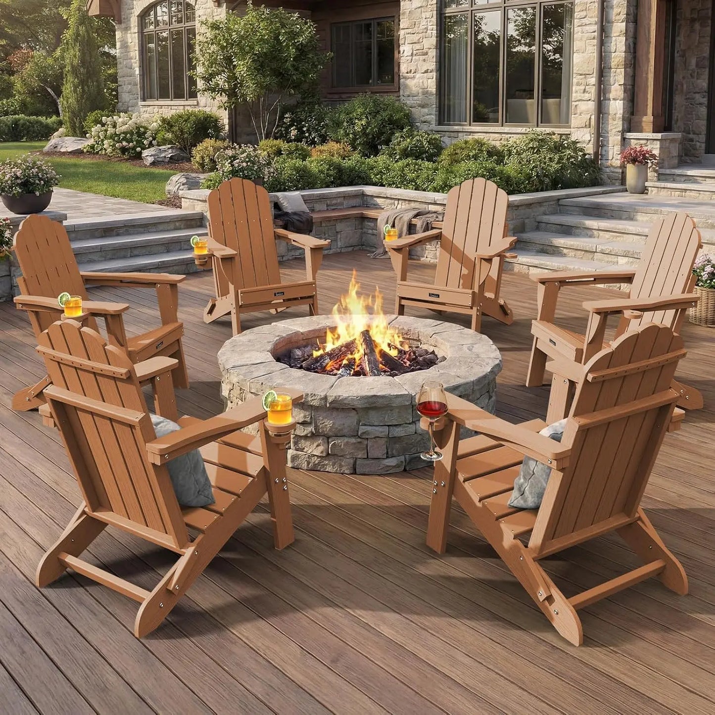 Adirondack Chairs Set of 6, Fire Pit Chairs, Wood Texture Patio Chairs with 2 Cup Holder, Outdoor Lawn Chair, Teak, Customized