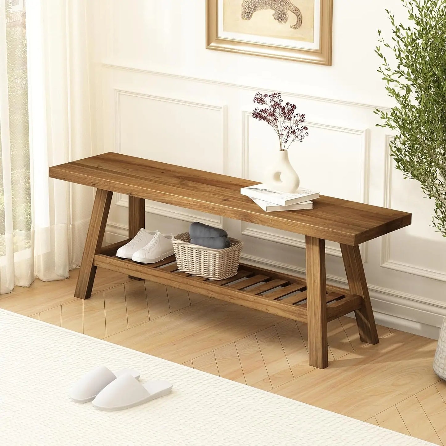 Reclaimed Solid Wood Bench-43.3" Farmhouse Entryway Bench with Storage Shelf, Narrow Rustic Bench for Hallway,, Customized