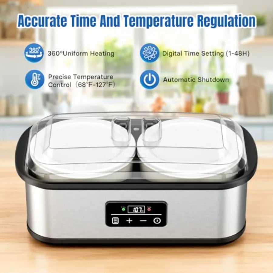 Yogurt Maker with Two Containers for Homemade Probiotic Yogurt Adjustable Temperature Time Control Automatic Shut-Off Constant