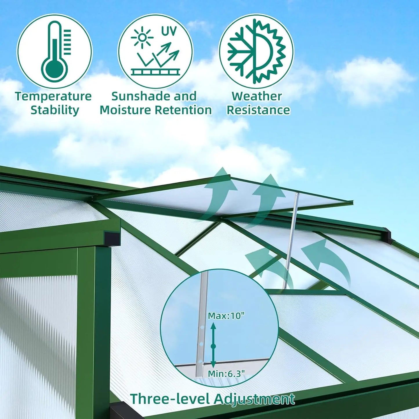 8x12 FT Outdoor Aluminum Greenhouse – Heavy-Duty Frame with Adjustable Roof Vent for Year-Round Gardening. Customized