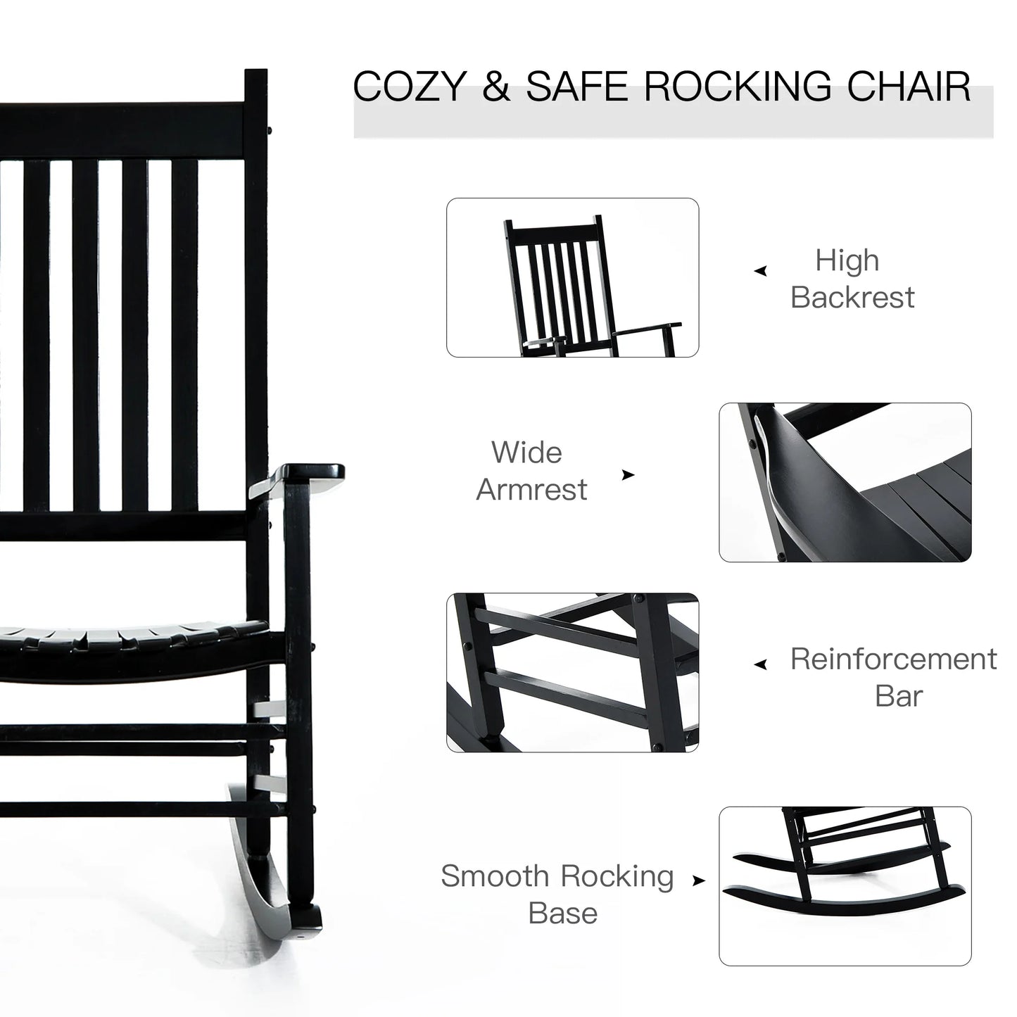 Outdoor Rocking Chair, Wooden Rustic High Back All Weather Rocker, Slatted for Indoor, Backyard & Patio, Black