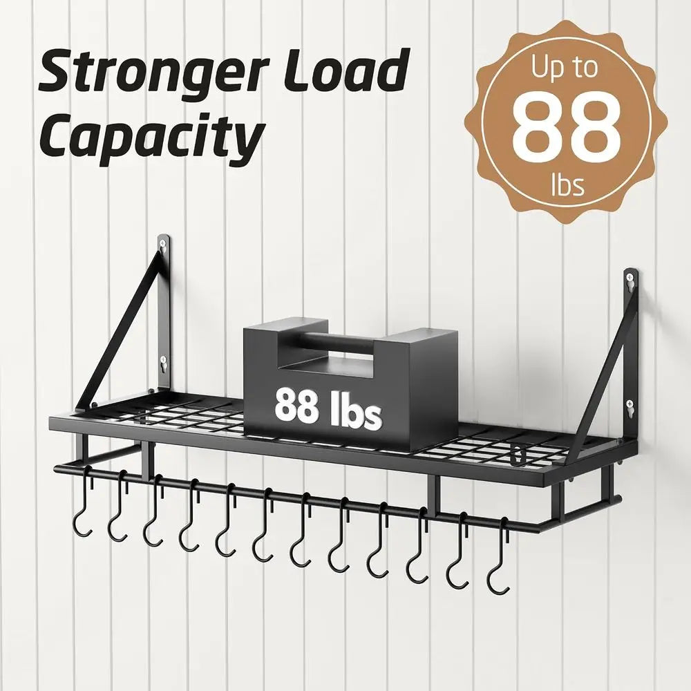 30-Inch Kitchen Pan Pot Rack Wall Mounted, Hanging Storage Organizer | 88 Lbs Capacity, Wall Shel with 12 Sturdy Hooks, 16-Inch