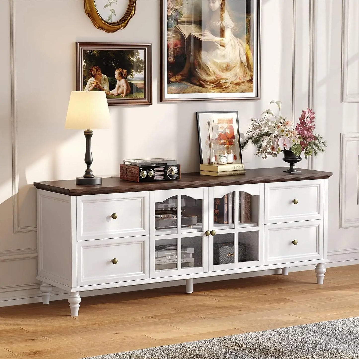 62 Inch Farmhouse Wood TV Stand Entertainment Center with Storage, 4 Drawers & Glass Doors, Adjustable Shelves Media Console for Living Room/Bedroom
