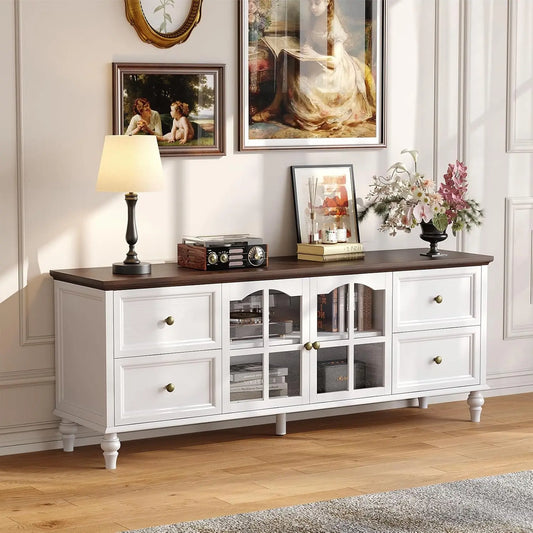 62 Inch Farmhouse Wood TV Stand Entertainment Center with Storage, 4 Drawers & Glass Doors, Adjustable Shelves Media Console for Living Room/Bedroom