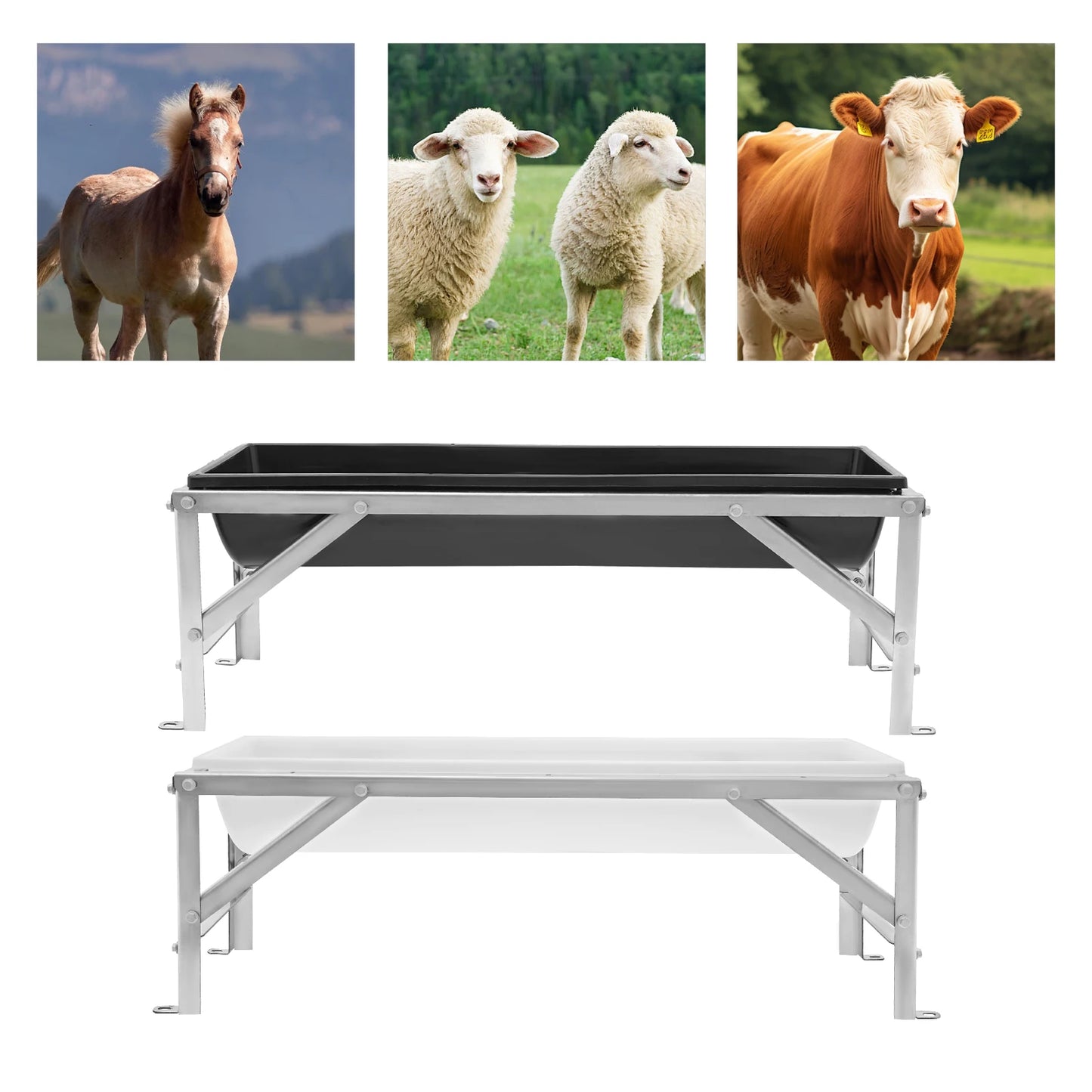 35L Livestock Feed Trough 100x30x18cm Cows Sheep Feeder with Stand Large Capacity Feeding Tool for Farms, Yards, Sheep Barns, etc White/Black