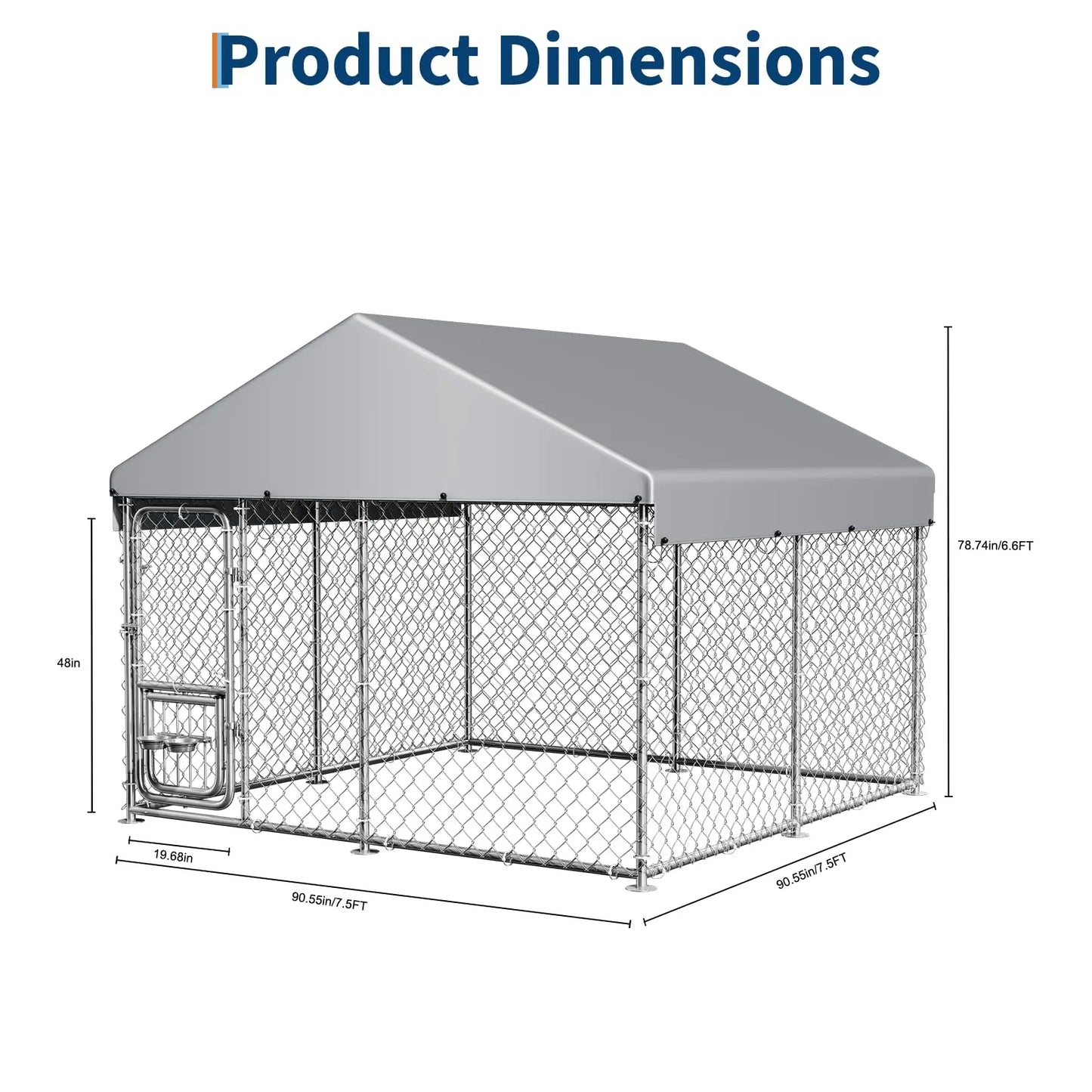 Heavy Duty 7.5x7.5x6.6 FT Outdoor Dog Kennel With Roof Cover, Lockable Feeding Door Dog Run For Large Dogs