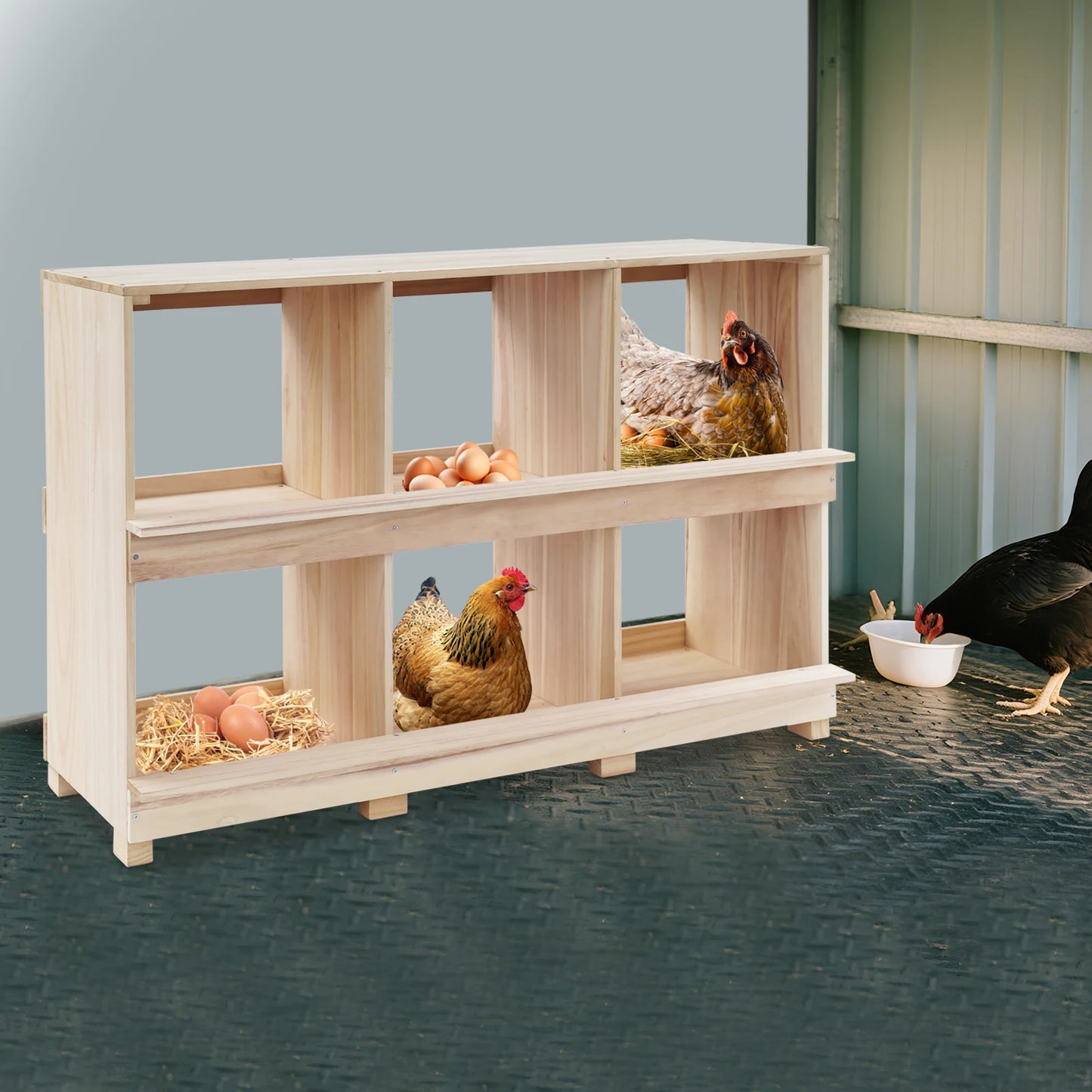 6 Compartment Wooden Chicken Nesting Box Solid Log Wood Impact Wear Resistant Stable Rectangular Frame 6 Hole Timber Hen Laying Crate Single 12in Large Cubbies 6 Grid Wood Poultry Egg Laying House For Backyard Farm Hatchery