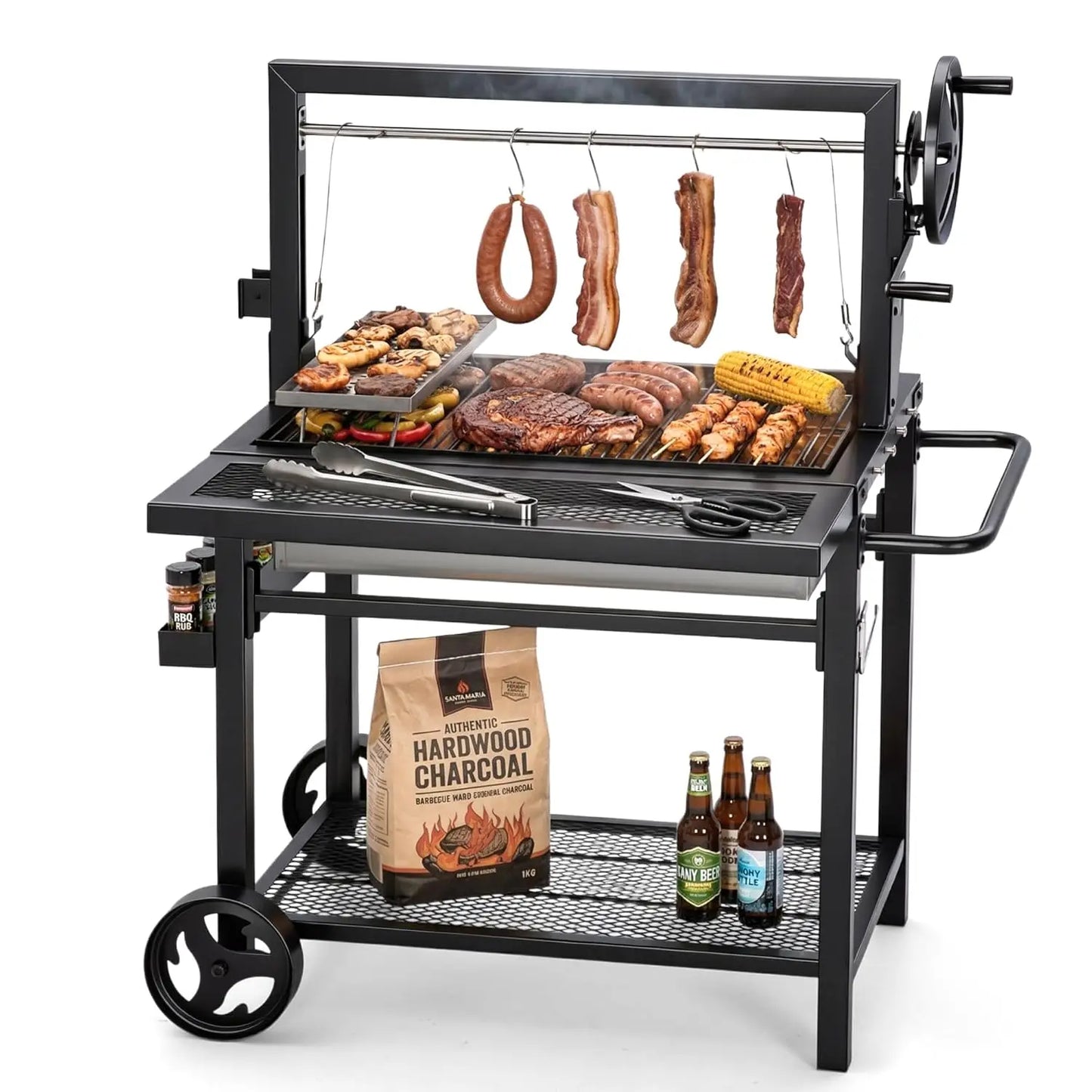 Santa Maria Charcoal & Wood BBQ Grill Adjustable Height Dual Enameled Trays 666sq.in Backyard, Custom