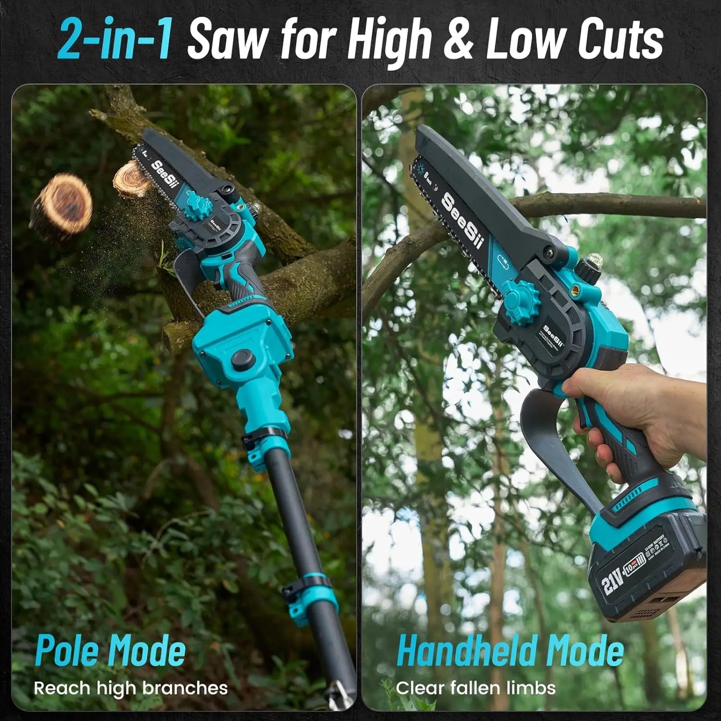 2-IN-1 Brushless Pole Saw 8'' Cordless Electric Saws 3500W with 2.7m Extension Pole Gardening Tool For 18V Battery pin