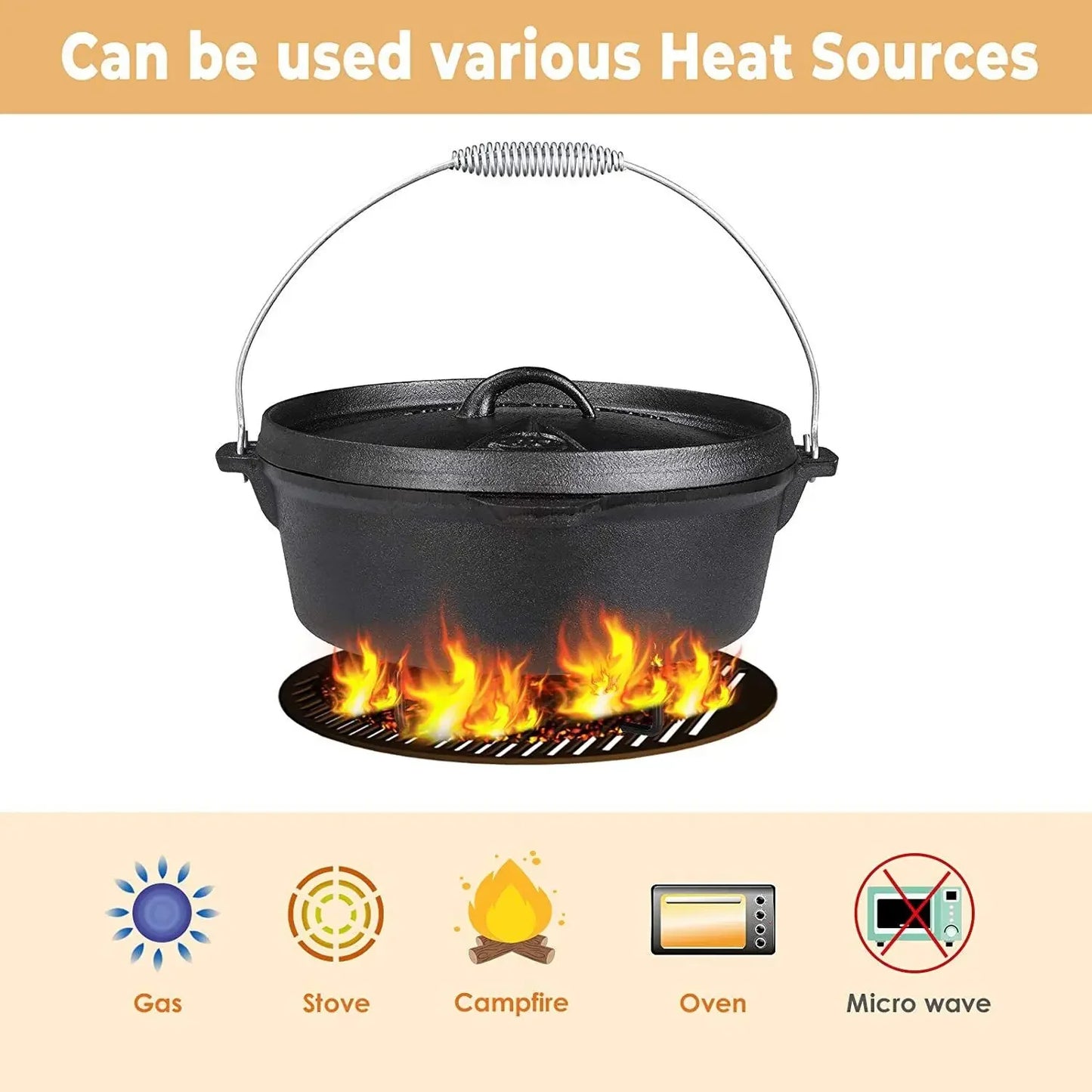 Dutch Oven Cast Iron 5,8L Dutch Oven Cast Iron Camping Cookware Casserole For Outdoor Camping Barbecue
