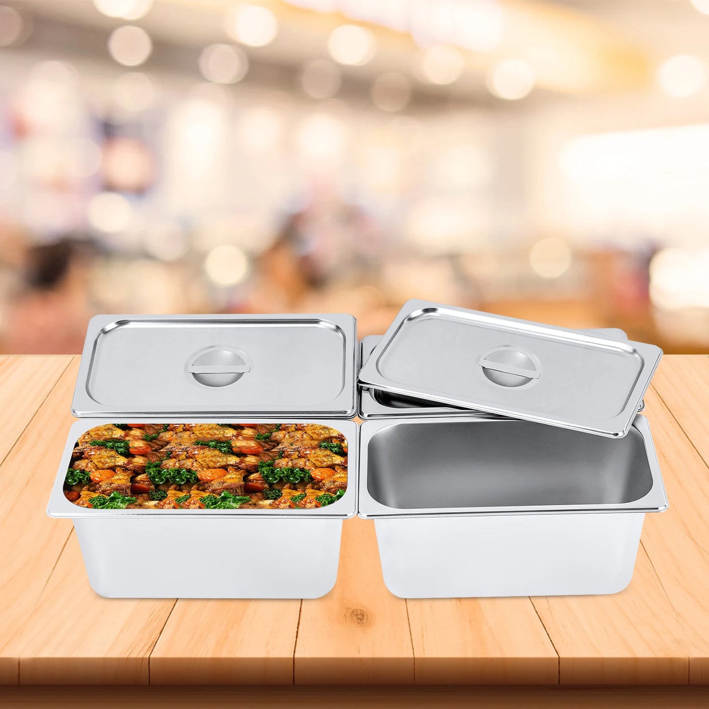 Steam Table Pan, 4-Pack 1/3 Size 6 Inch Steam Table Pans with Lids, 32.5x17.5x15cm Stainless Steel Food Pan