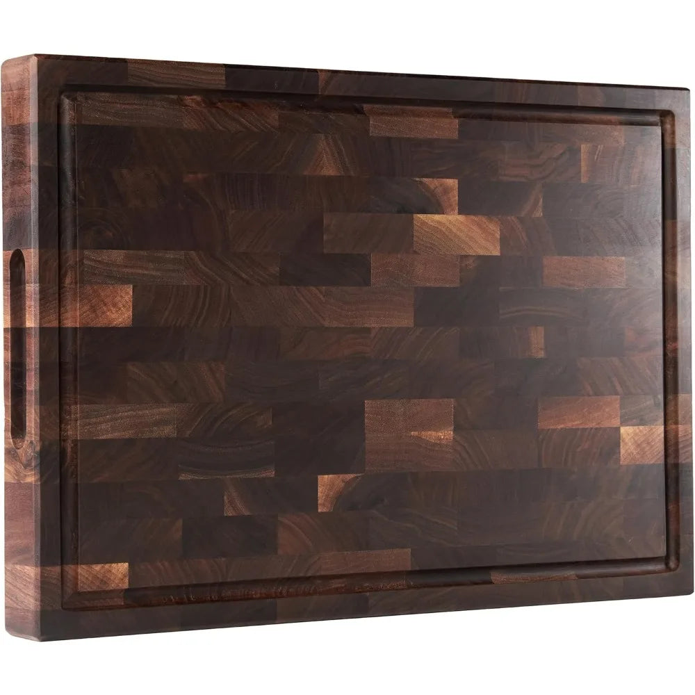 Large Thick American Black Walnut Wood Cutting Board 20x15x2 with Juice Groove and Inner Handles for Kitchen