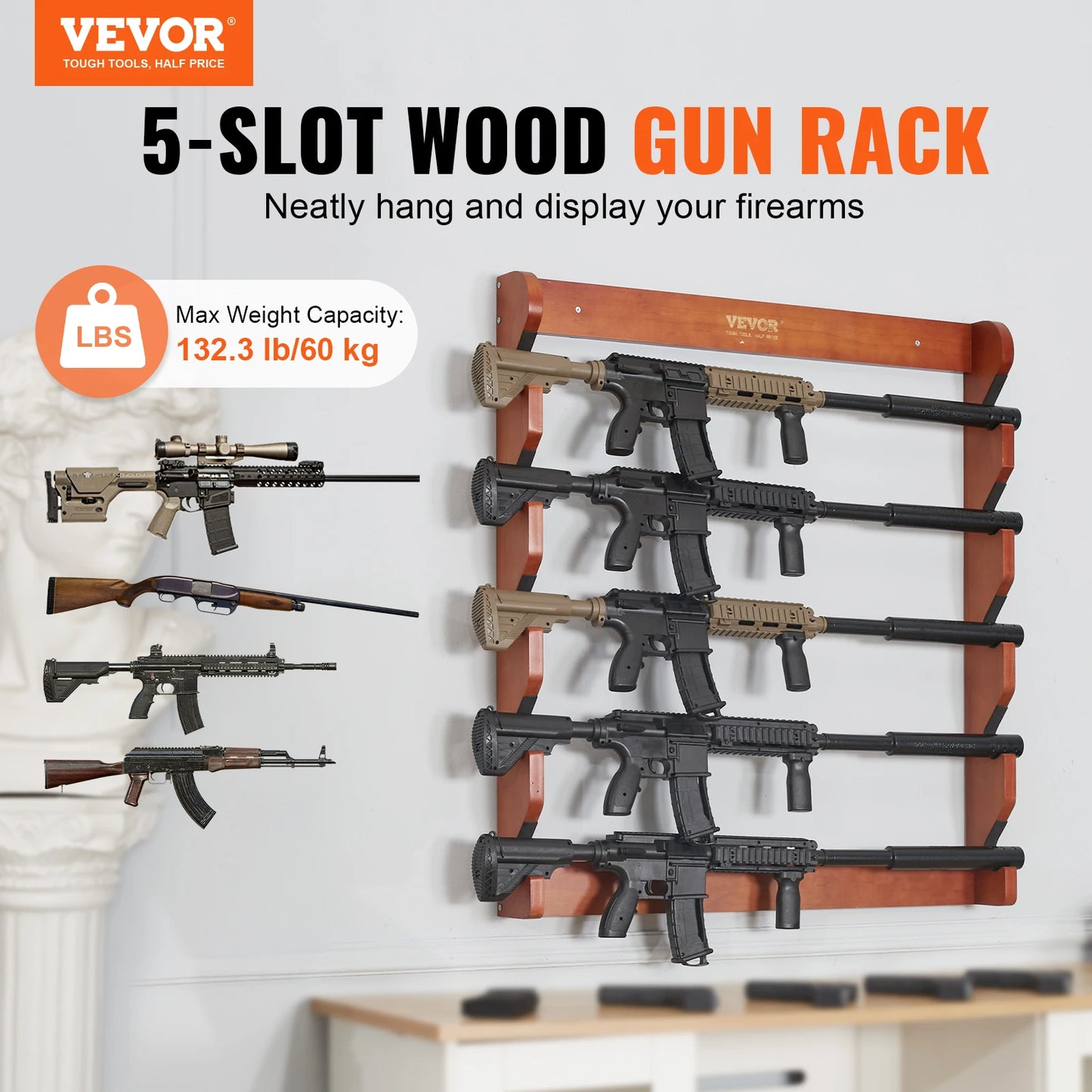 Gun Rack Wood Gun Rack Wall Mount Gun Display Rack holds 4/5 Rifles Shotguns 132 lbs Heavy Duty Rifle Rack w/ Soft Padding