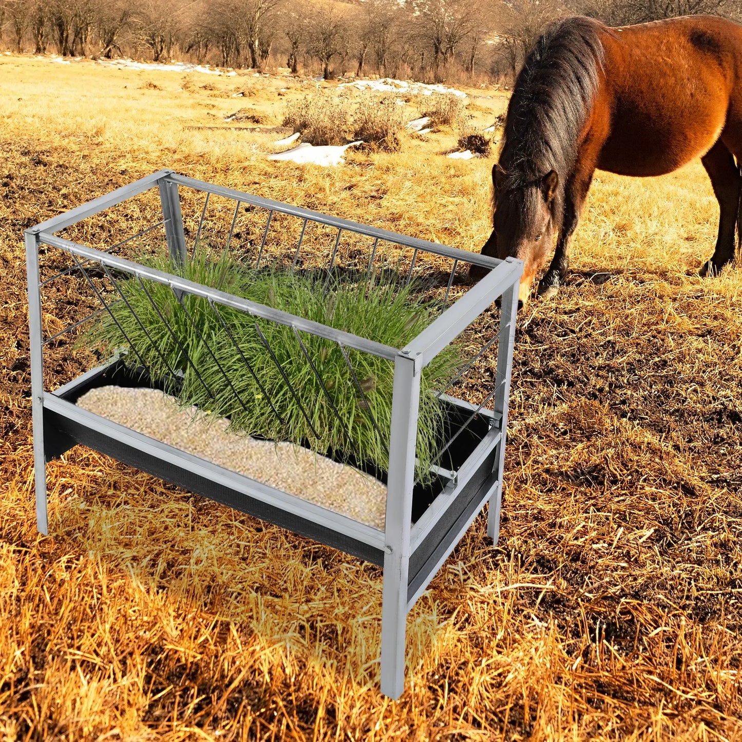 Large Capacity 2-in-1 Grain & Hay Feeder for Goats Sheep Horse with Pre-drilled Holes Round Edges Durable Feed Trough