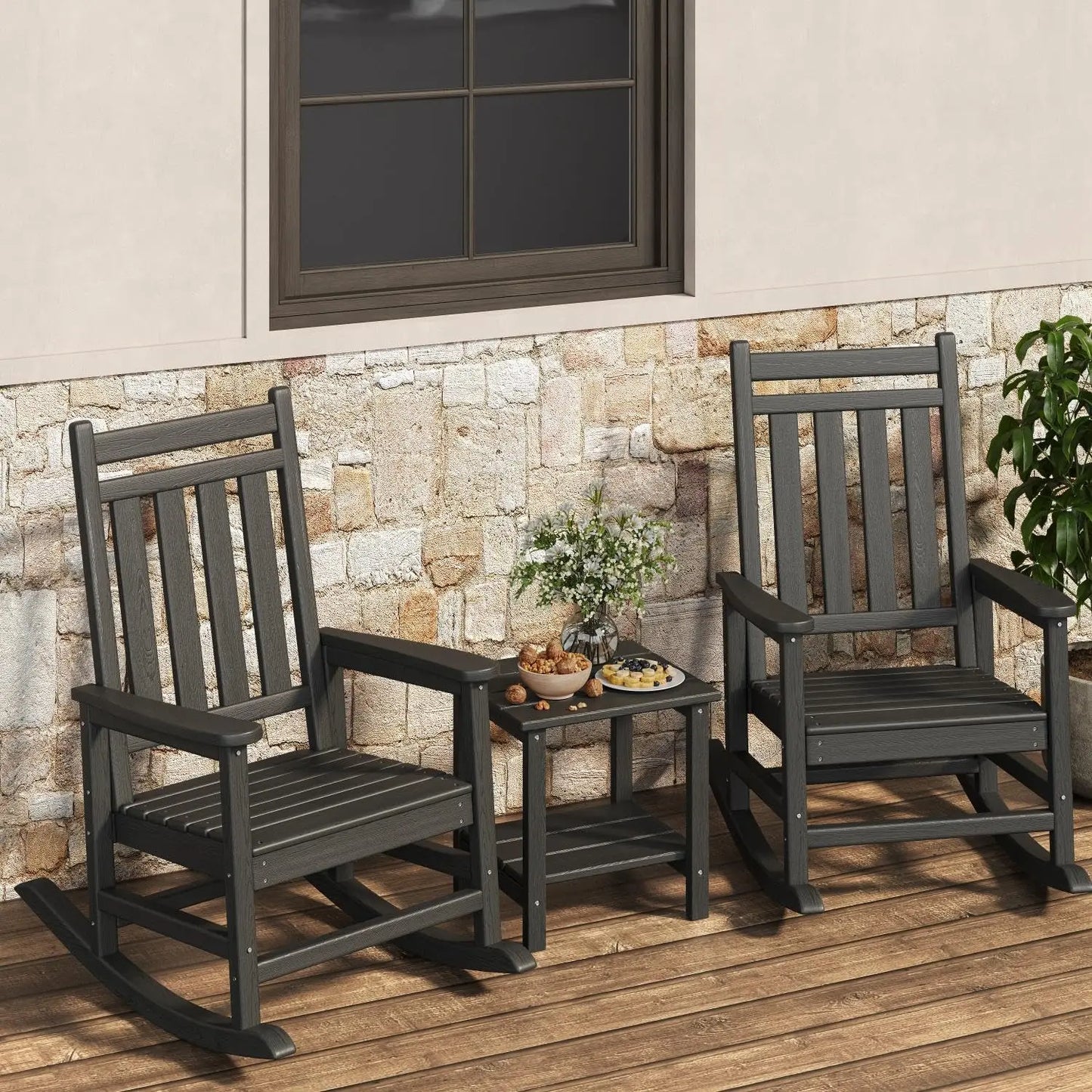 HDPE High Back Rocking Chair Set Outdoor Patio Porch All Weather Resistant w/ Side Table 2 Pcs, Customized