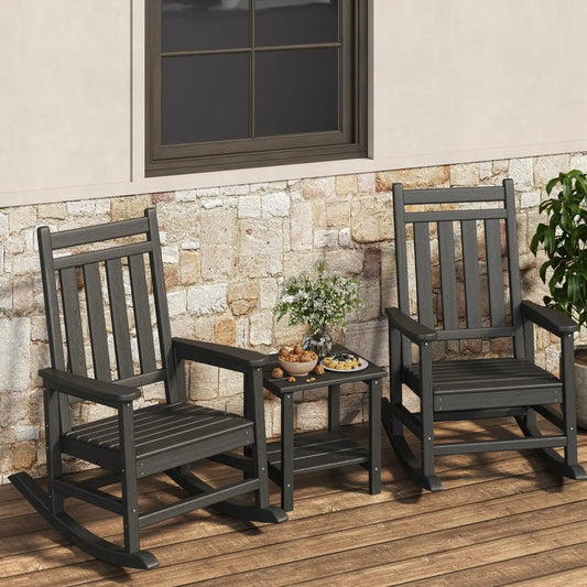 HDPE High Back Rocking Chair Set Outdoor Patio Porch All Weather Resistant w/ Side Table 2 Pcs, Customized