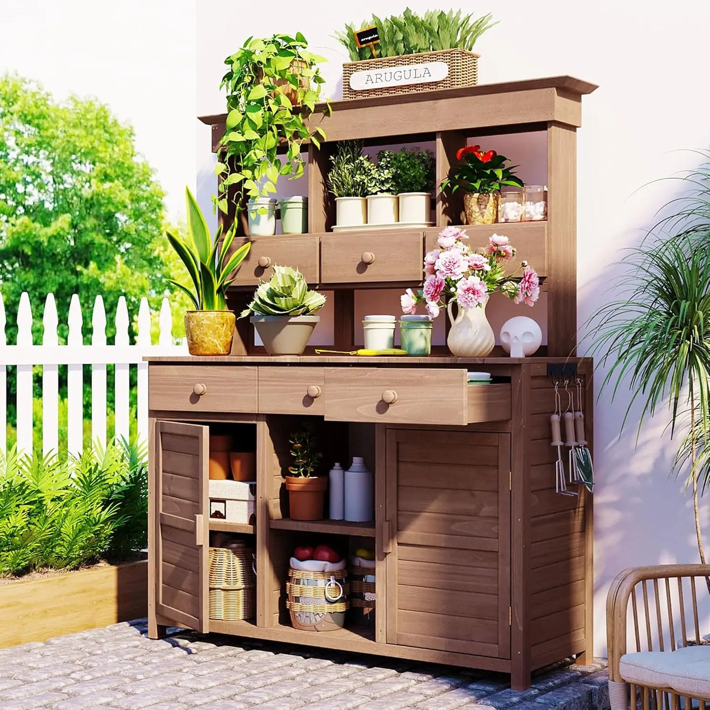 64.9"H Outdoor Potting Bench Table, Outdoor Wood Workstation Table with Lockable Wheels, Stainless Steel Top, Towel, Customized
