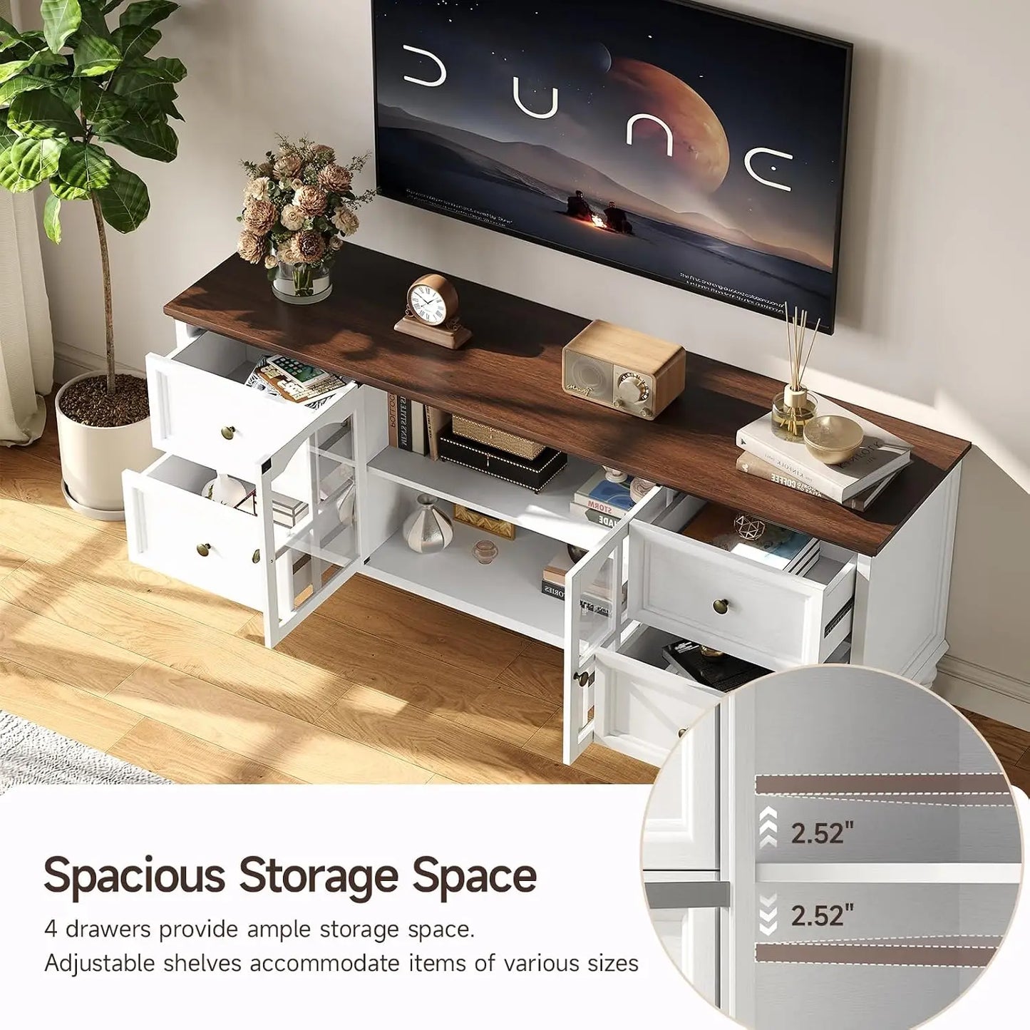 62 Inch Farmhouse Wood TV Stand Entertainment Center with Storage, 4 Drawers & Glass Doors, Adjustable Shelves Media Console for Living Room/Bedroom