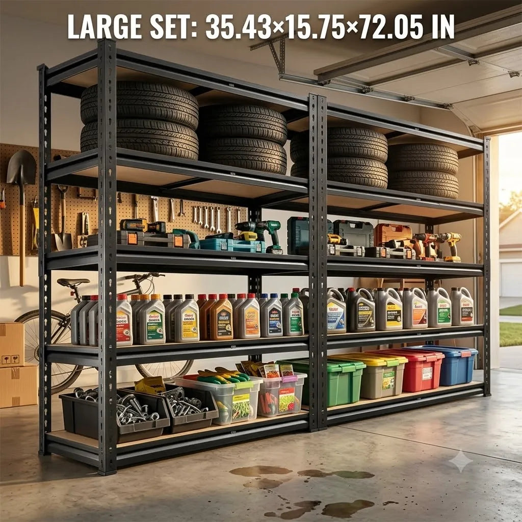 2 Pack Heavy Duty 5 Tier Storage Shelving Unit, Boltless Adjustable Metal Frame Wood Deck Storage Rack, 2 Sizes Available, Garage Basement Warehouse Organizer Rack