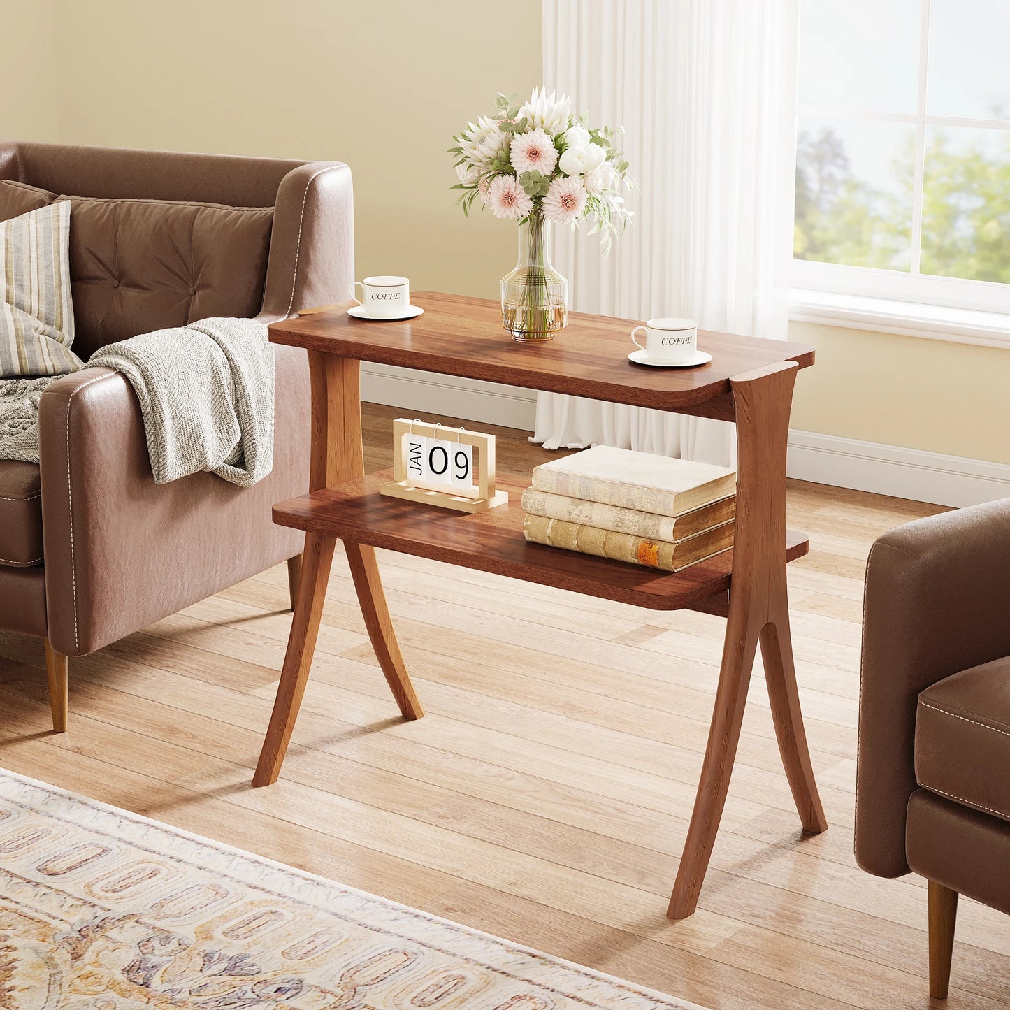 Walnut Side Table for Living Room, Narrow End Table with 2-Tier Storage Shelf and Solid Wood Legs, Slim Bedside Table