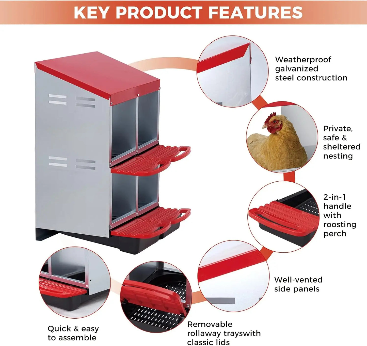 Chicken Nesting Box 4 Compartment Roll Away Design Automatic Roll-Out Egg Collection with Perch Wall Mount for Hens Ducks Rabbit