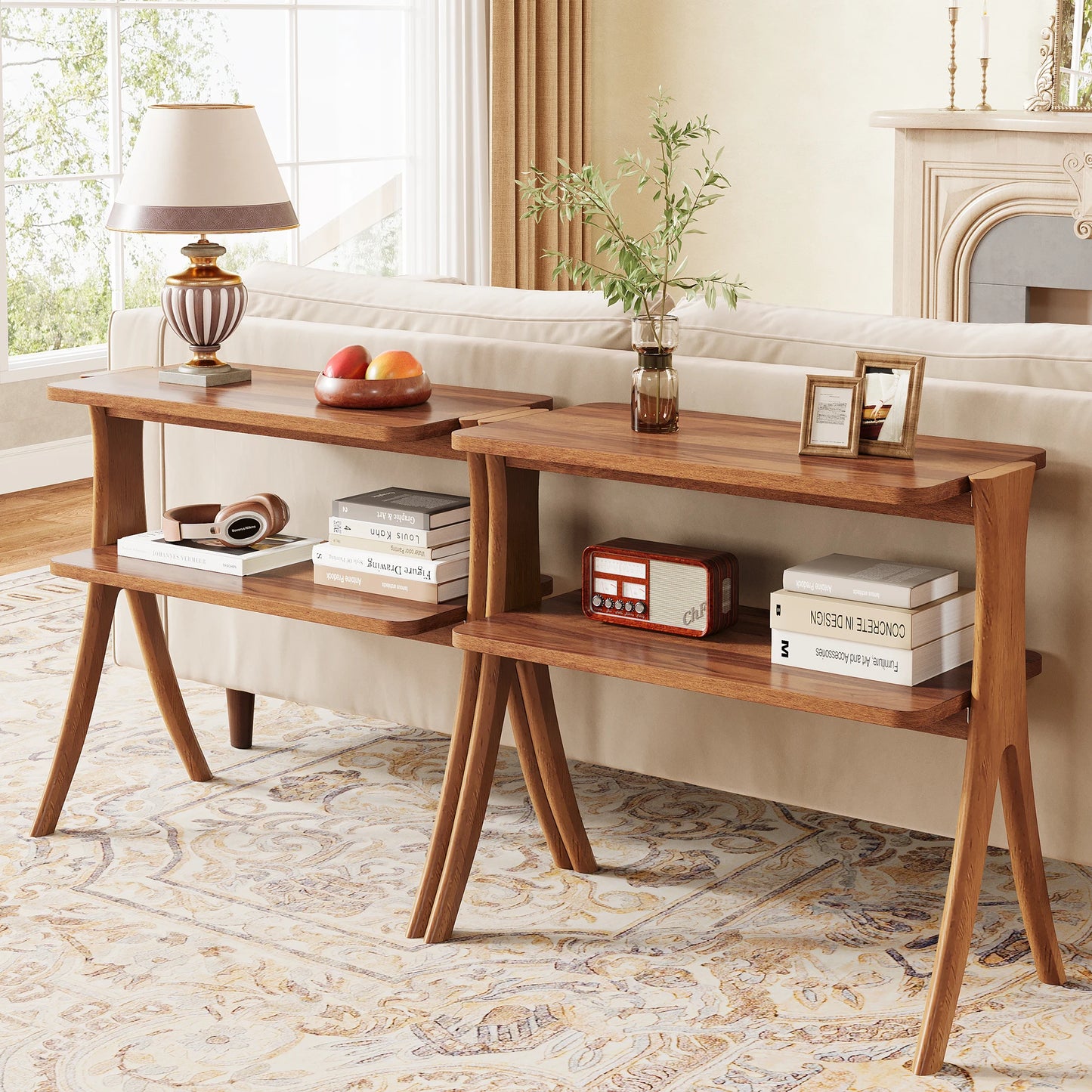 Walnut Side Table for Living Room, Narrow End Table with 2-Tier Storage Shelf and Solid Wood Legs, Slim Bedside Table