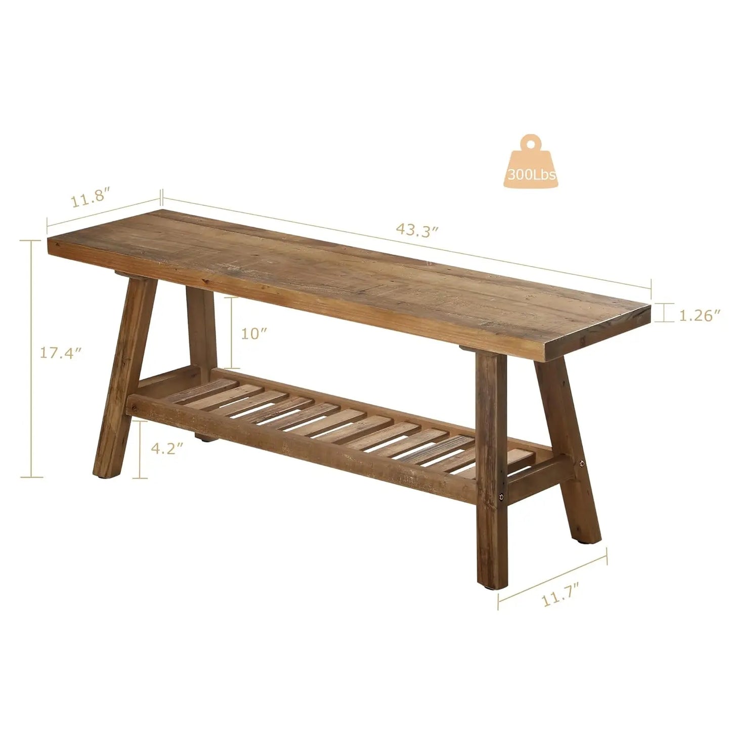 Reclaimed Solid Wood Bench-43.3" Farmhouse Entryway Bench with Storage Shelf, Narrow Rustic Bench for Hallway,, Customized