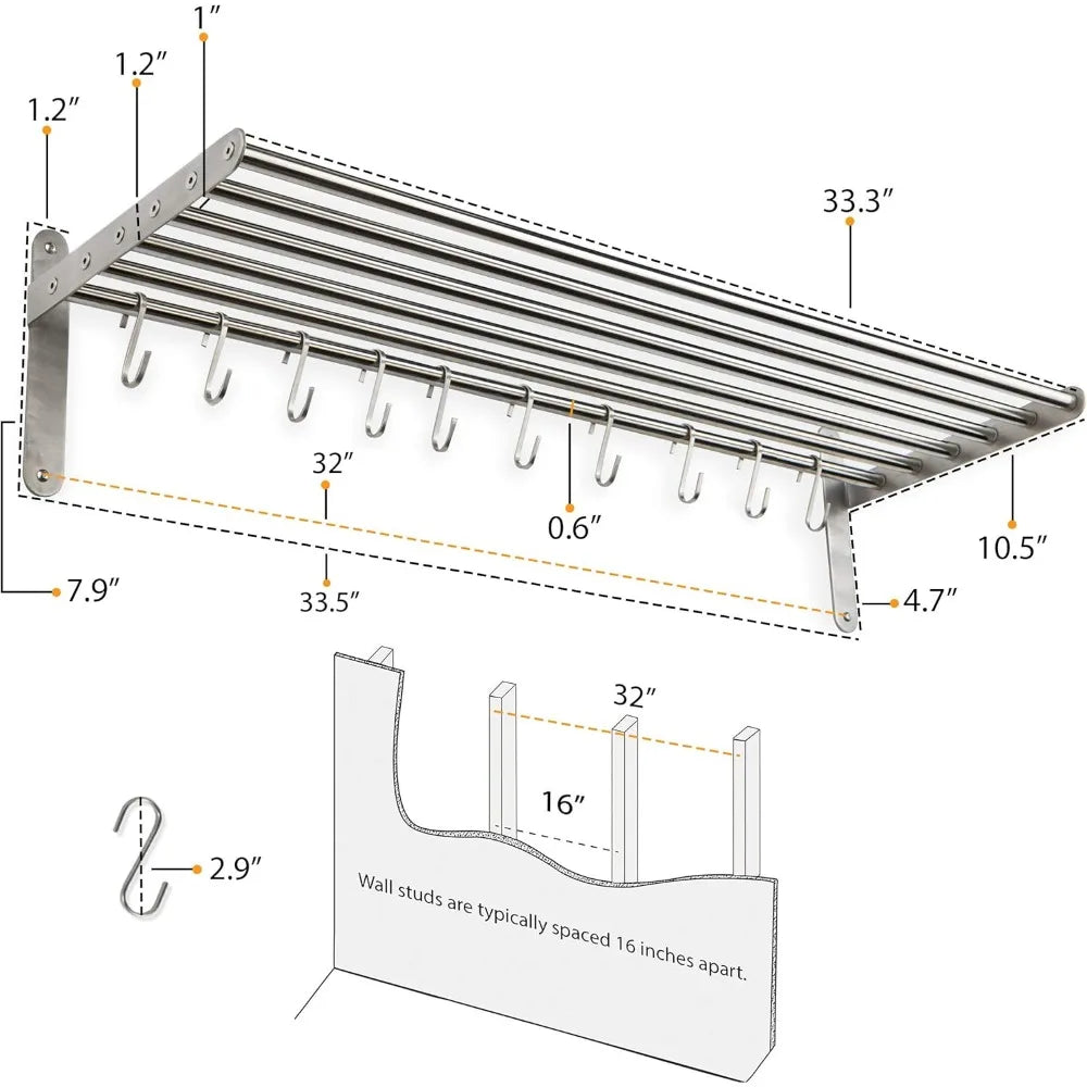 Kitchen Organization and Storage Rack, StainlSteel Metal Wall Shelf with 10 S Hooks for Hanging Pots and Pans, Chrome